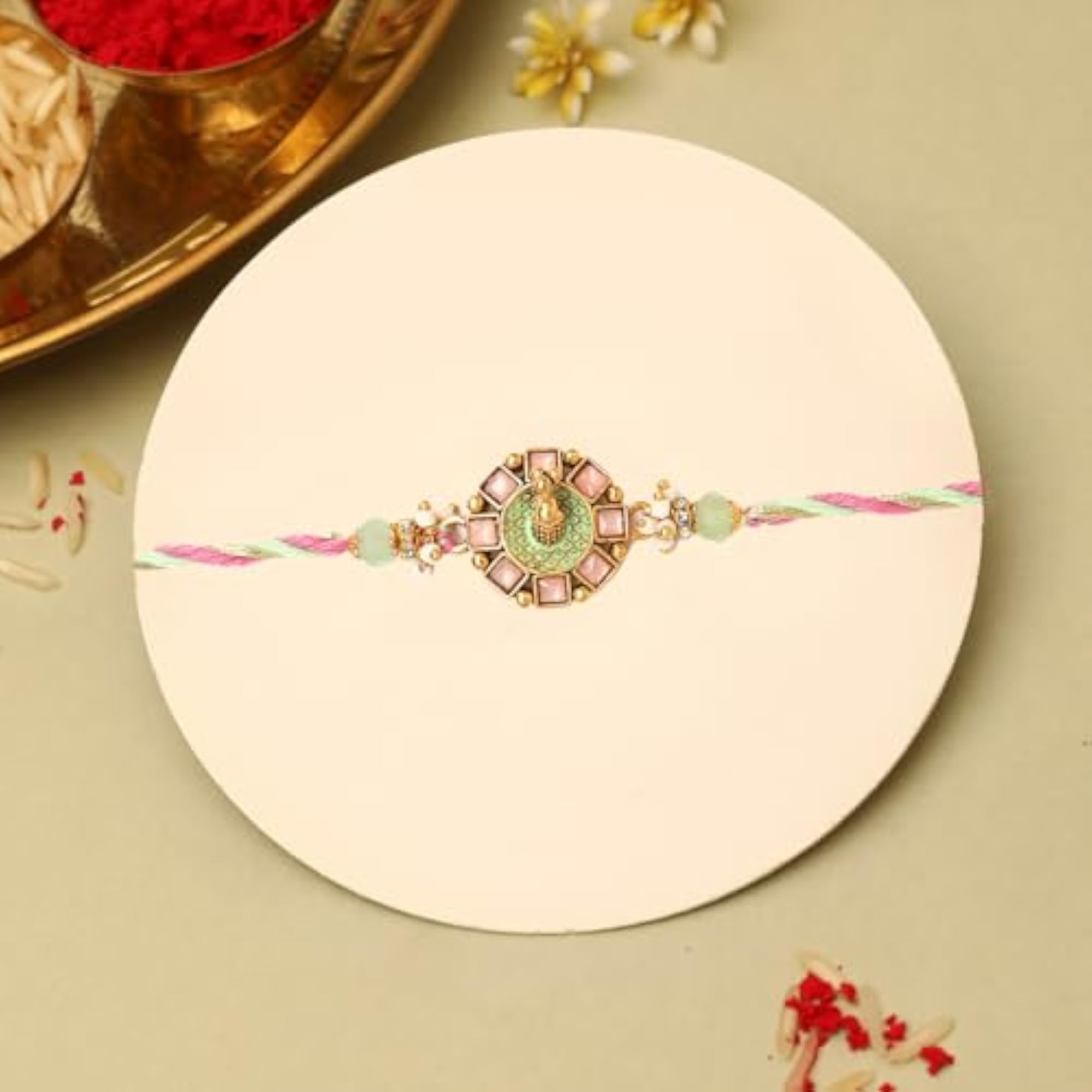 Golden Peacock Kundan Rakhi for Brother, Pack of 2